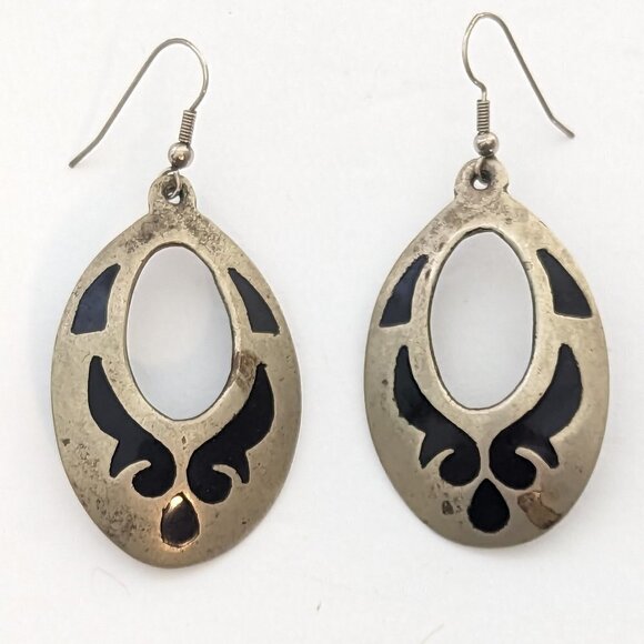 Mexican Alpaca Silver Vintage Western Earrings Dangle Shadow Impression Boho - Picture 5 of 5